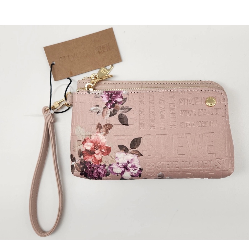 Steve Madden Wristlet Dual Zip Embossed Logo & Floral Prints Pink Blush